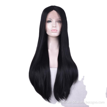wholesale vendors middlle part Long Black Silky Straight Heat Resistant Synthetic Fiber Lace Front synthetic hair Wigs for women